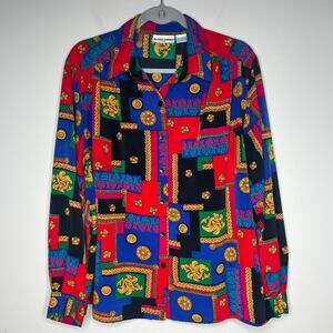 VTG 90s Alfred Dunner Color Block Button Up Blouse Baroque Chain Print Women 18W